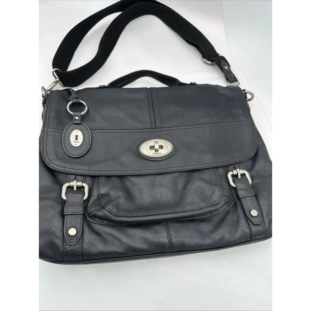 FOSSIL Leather Long Live Vintage 1954 Laptop Tote Shoulder Bag In Black